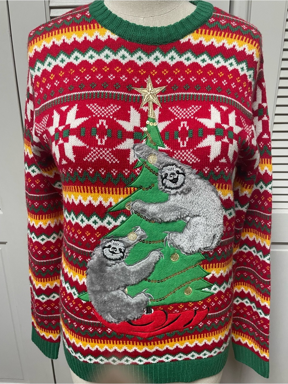 Men's Ugly Christmas Holiday Sweater with Plush Sloth Tree Design Medium